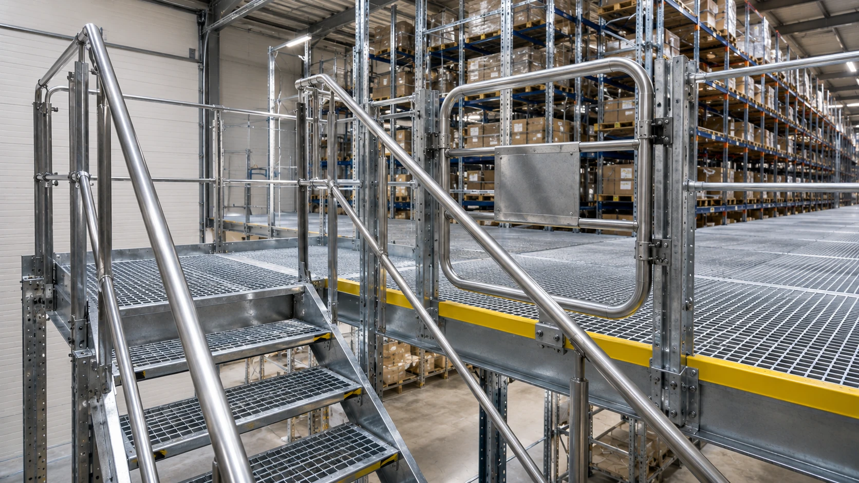 Scala di accesso con corrimano a norma e cancello di sicurezza per sbarco pallet su scaffalature a passerella industriali