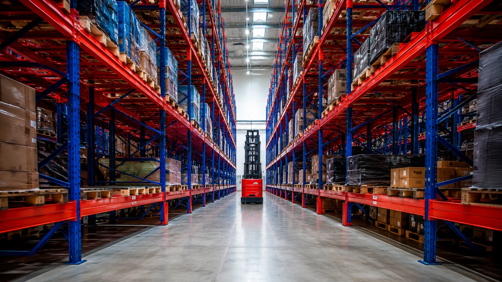 Scaffalature portapallet industriali rosse e blu con corsia centrale e carrello elevatore in magazzino logistico moderno