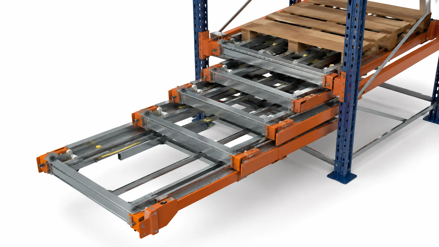 Dettaglio tecnico delle scaffalature Push Back con carrelli d’acciaio telescopici nidificati per stoccaggio pallet