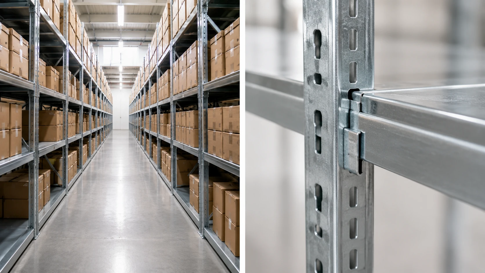 Scaffalature zincate modulari con montaggio rapido senza bulloni Corsia di magazzino con scaffalature zincate e dettaglio dell’incastro rapido dei ripiani senza viti.