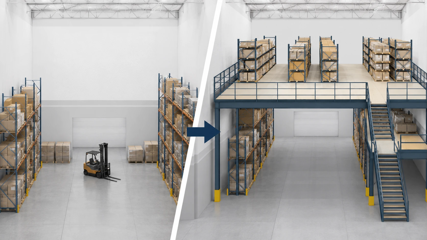 Soppalchi Industriali per Ottimizzazione dello Spazio di Magazzino Schema comparativo di magazzino industriale con installazione di soppalco per aumentare lo spazio disponibile