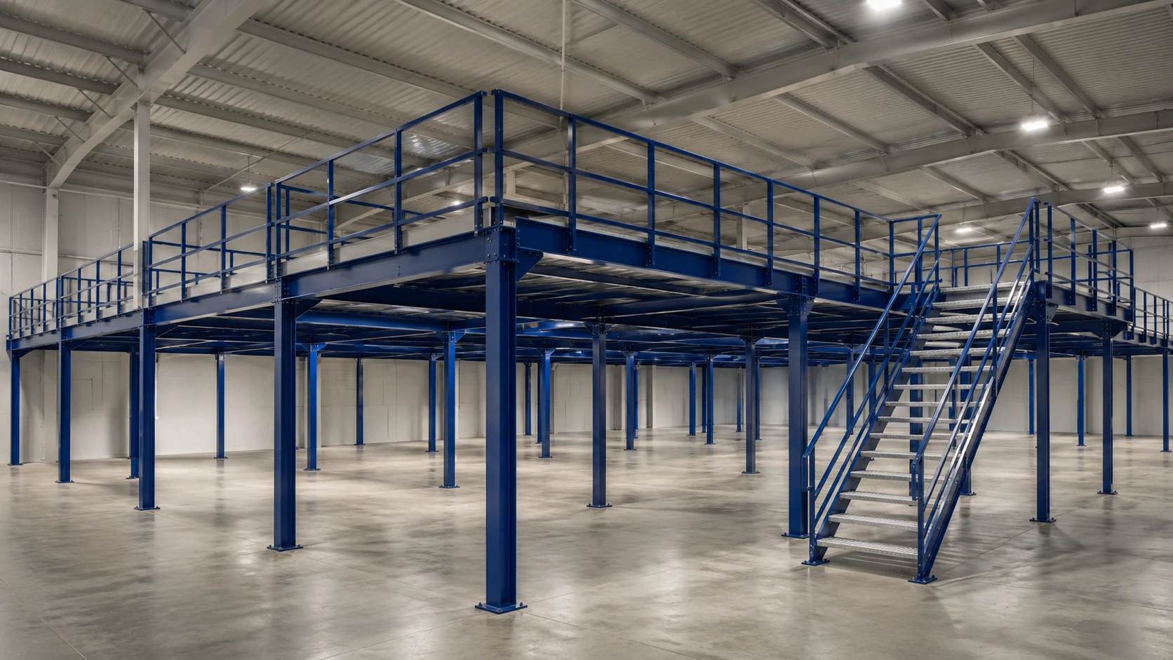 Soppalco autoportante: soppalco aperto e molto robusto con una capacità di carico molto elevata (fino a 1.000 kg / m²).