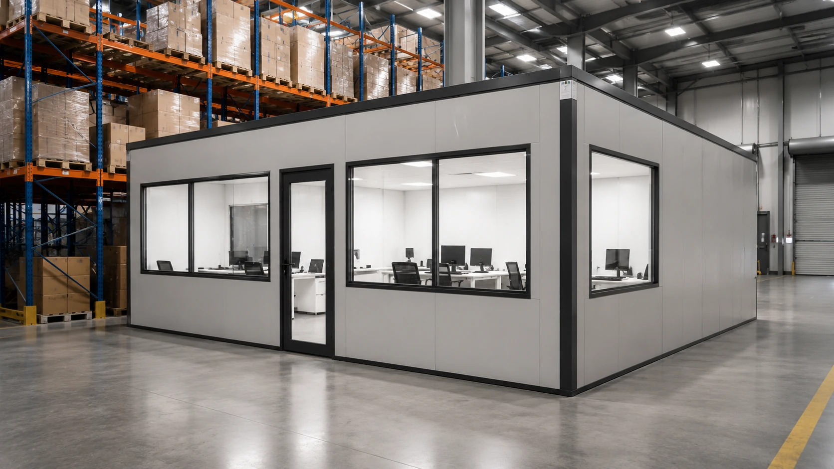 Ufficio prefabbricato con pannelli sandwich installato all’interno di un magazzino logistico con scaffalature portapallet