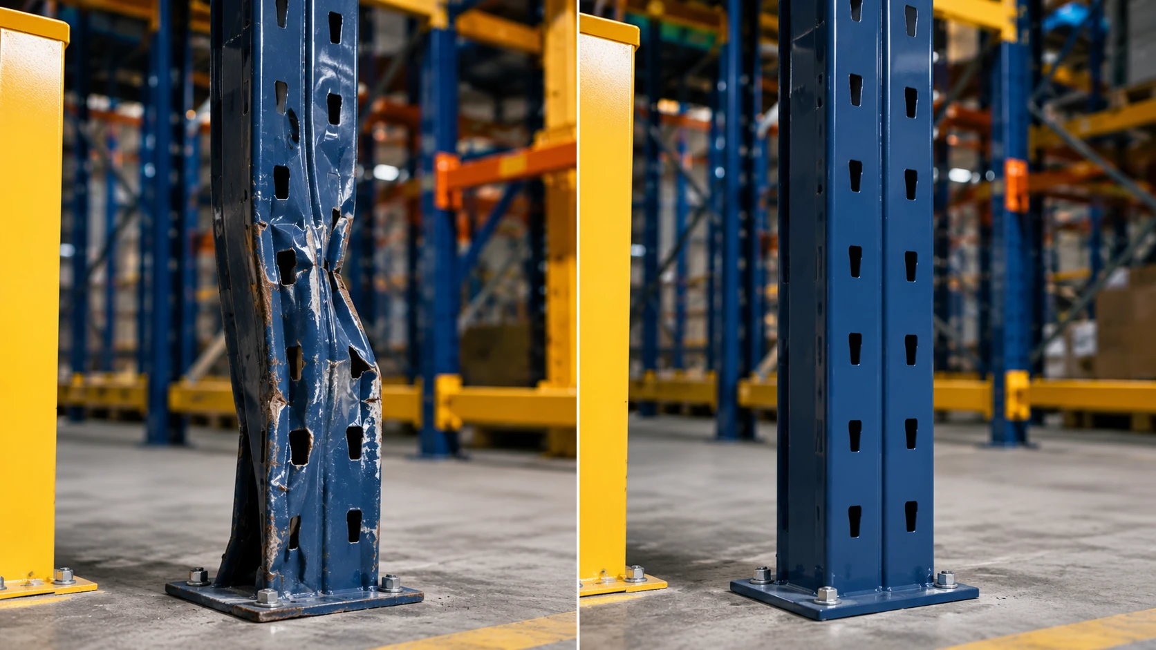 Verifica Tecnica Scaffalature Industriali e Controllo Danni Confronto tra montante danneggiato e montante nuovo di scaffalatura industriale in magazzino logistico